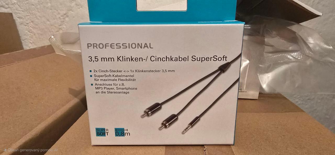 Profesionální audio kabel 3,5 mm jack na 2× Cinch (RCA) – 0,8 m