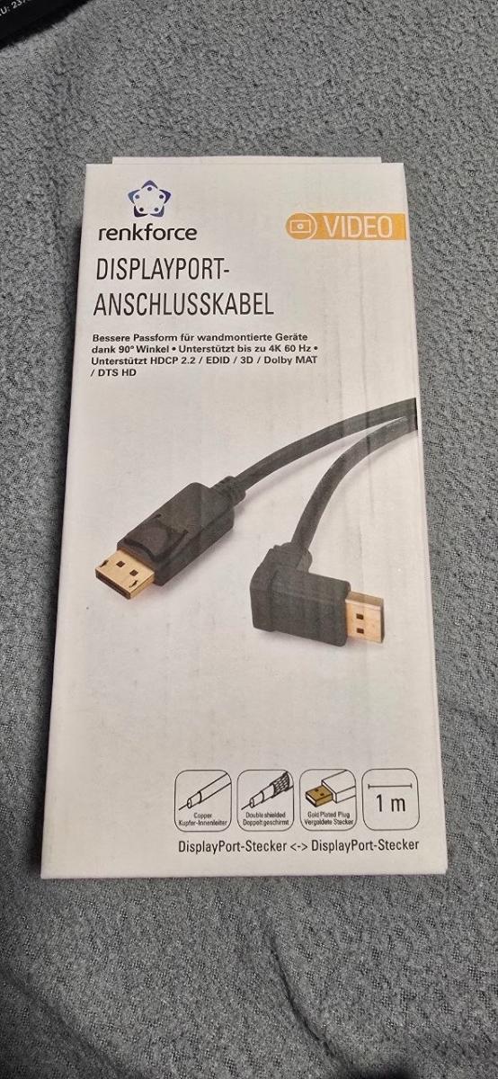 Renkforce DisplayPort kabel 1 m – 90° konektor, 4K 60 Hz, nový